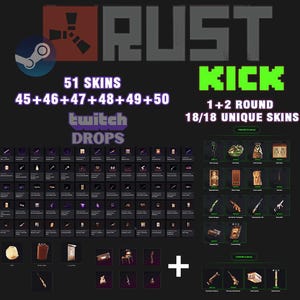 Könnte beinhalten: Werbebild für das Spiel "Rust" mit dem Logo des Spiels, dem Steam-Logo und dem Text "51 Skins", "Twitch Drops" und "Kick". Das Bild zeigt auch verschiedene Gegenstände und Skins im Spiel.