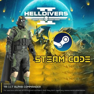May include: A promotional image for the game Helldivers II, featuring a futuristic soldier in green and gray armor. The Steam logo is visible, along with the text "STEAM CODE". The background depicts a space scene with a planet and falling meteors.