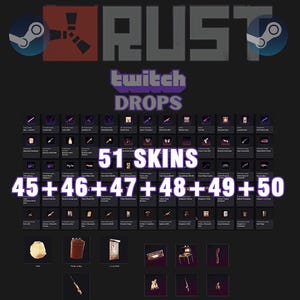 Pode incluir: Imagem promocional para o jogo RUST, com o logotipo da Steam e o texto "RUST Twitch Drops". A imagem mostra 51 skins no jogo, com os números 45 a 50 em destaque. O fundo é escuro.