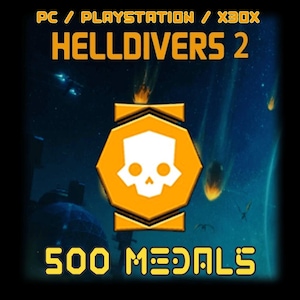 May include: A promotional image for the video game Helldivers 2. The image features the game's logo, a gold and white skull emblem, and the text "500 MEDALS" in gold. The game's platform availability, PC, Playstation, and Xbox, is also displayed.