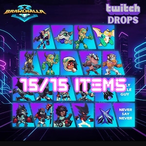 Op de afbeelding: Een Brawlhalla Twitch Drops promotieafbeelding met vijftien karaktericonen en items in een raster. De tekst luidt Brawlhalla, Twitch Drops, 15/15 ITEMS, Family Guy en Never Say Never tegen een donkerpaarse en blauwe neonachtergrond.