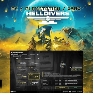 Puede incluir: Imagen promocional del videojuego Helldivers, con una escena de acción dinámica con soldados y criaturas alienígenas. El título del juego y la información de la plataforma se muestran en la parte superior. Se ve una pantalla de selección de armas.