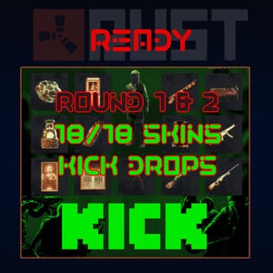 Könnte beinhalten: Eine digitale Grafik mit dem Wort "READY" in Rot, über einer grünen Umrandung. Innerhalb der Umrandung befinden sich verschiedene Symbole und Text, darunter "ROUND 1 & 2", "18/18 SKINS" und "KICK DROPS". Der Hintergrund ist dunkelblau.