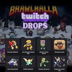 May include: Promotional image for Brawlhalla Twitch Drops. The image features various character skins, emotes, and avatars. The text "Brawlhalla Twitch Drops" is prominently displayed at the top. The image showcases a variety of in-game items available through Twitch.