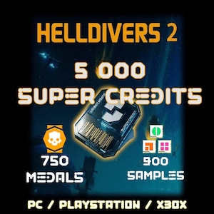 Puede incluir: Imagen promocional de Helldivers 2, que muestra 5.000 Super Credits, 750 Medallas y 900 Muestras. La imagen incluye el título del juego, un gráfico de tarjeta Super Credit y el texto "PC / PLAYSTATION / XBOX".
