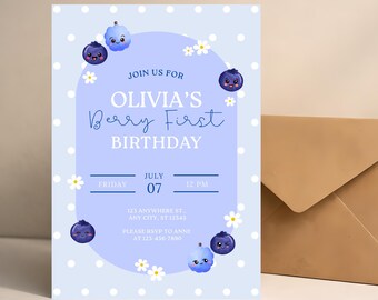 Invitación de primer cumpleaños con bayas | Invitación de primer cumpleaños con arándanos | Invitación de cumpleaños editable con bayas