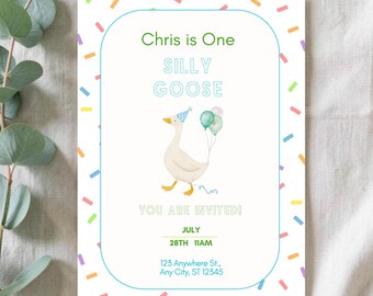 Invitación de primer cumpleaños de Ganso Tonto, Invitación de primer cumpleaños de Ganso, Invitación para fiesta de Ganso Tonto, Invitación de cumpleaños de Ganso editable, Invitación para niños