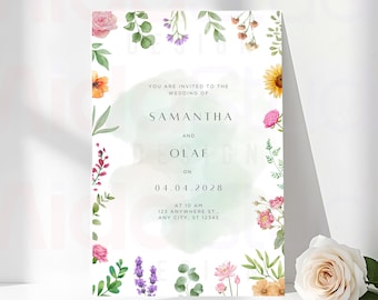 Invitación de boda floral minimalista, invitación botánica en acuarela, plantilla editable, descarga digital, invitaciones de boda de Etsy