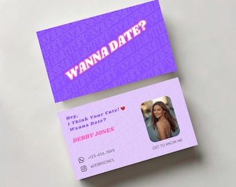 Plantilla de tarjeta de presentación para citas coquetas, tarjeta bonita para una cita, frase divertida para ligar, plantilla editable de Canva, tarjeta de amor morada moderna