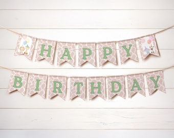 Pancarta de cumpleaños con temática de safari para imprimir, pancarta de feliz cumpleaños con estampado de jirafa rosa, decoraciones para fiestas en la jungla, guirnalda de cumpleaños DIY, descarga instantánea.