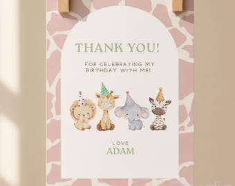 Plantilla de tarjeta de agradecimiento de safari, Nota de agradecimiento de cumpleaños de Wild One, Tarjeta de cumpleaños de animales de la jungla, Tarjeta de agradecimiento editable de Canva, Imprimible
