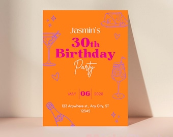 Plantilla de invitación para 30 cumpleaños, divertida invitación naranja para fiesta de cumpleaños, invitación editable para adultos, póster de cumpleaños imprimible