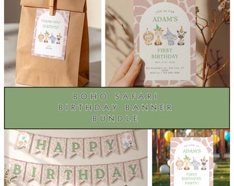 Paquete de plantillas de cumpleaños con temática de safari, invitación de safari editable, cartel de bienvenida, pancarta de cumpleaños y tarjeta de agradecimiento, decoración para la primera fiesta de cumpleaños.