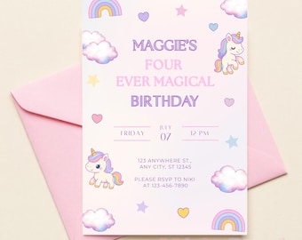 Plantilla editable de invitación de cumpleaños de unicornio en Canva, invitación para fiestas infantiles, invitación imprimible, descarga instantánea.