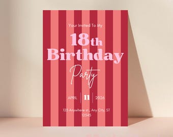 Plantilla de invitación para cumpleaños número 18, invitación retro rosa para fiesta de cumpleaños, invitación editable para cumpleaños de adolescentes, póster de cumpleaños imprimible