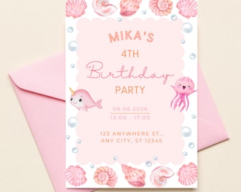 Invitación de cumpleaños rosa bajo el mar, plantilla editable de Canva, invitación de fiesta de cumpleaños de niña del océano, imprimible para cuarto cumpleaños