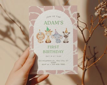 Plantilla de invitación de cumpleaños con temática de safari, invitación de cumpleaños "Wild One", fiesta de primer cumpleaños con temática de safari, plantilla editable de Canva, invitación de animales de la jungla.