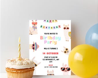 Invitación de cumpleaños editable de llama | Invitación para fiesta infantil en tonos pastel | Plantilla de Canva