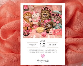 Invitación a pijamada de gato, invitación divertida para pijamada de chicas, plantilla editable de Canva, invitación a pijamada de gato adorable, invitación a pijamada rosa