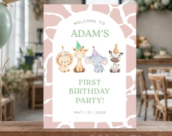 Plantilla de cartel de bienvenida de safari, cartel de bienvenida de cumpleaños estilo boho safari, decoración para fiesta Wild One, cartel editable en Canva, póster de cumpleaños de la jungla