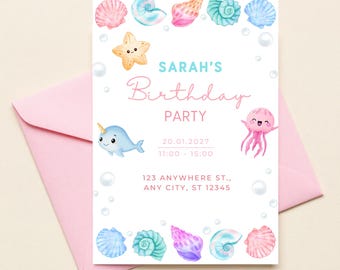 Plantilla editable de invitación de cumpleaños bajo el mar, invitación para fiesta infantil con temática oceánica, imprimible en acuarela, descarga instantánea en Canva
