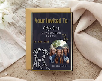 Invitación editable para fiesta de graduación | Invitación de graduación azul marino y dorada | Plantilla de Canva | Descarga digital | Tarjeta de graduación con foto