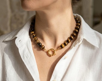Natural Tiger Eye Necklace, Handmade Beaded Necklace ,Gold Clasp Minimal Jewelry