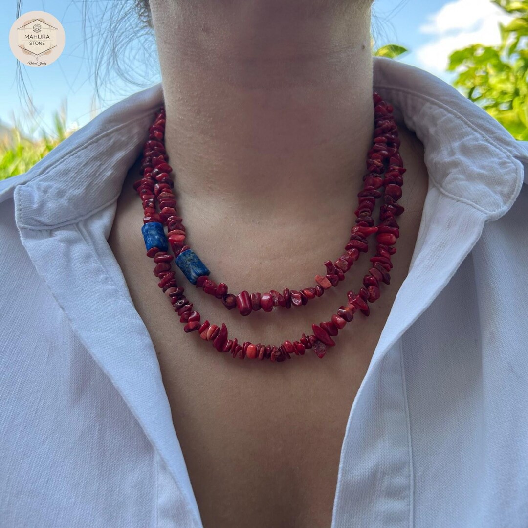 Red Coral Necklace Lapis Lazuli Gemstone Handmade Valentines Day