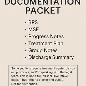 May include: A beige document titled "CLINICAL DOCUMENTATION PACKET" with a list of items including BPS, MSE, Progress Notes, Treatment Plan, Group Notes, and Discharge Summary. The text "BEHAVIORAL HEALTH TEMPLATES" is at the bottom.
