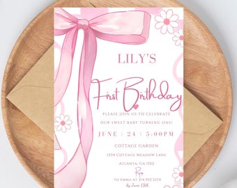 Pink Bow Birthday Invitation, Coquette Party, Editable Canva Template (Digital Download)