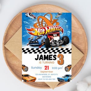 Plantilla editable de invitación de cumpleaños de Hot Wheels, descarga digital, invitación de carreras para fiesta de carreras de niños, invitación de cumpleaños de Hot Wheels imprimible