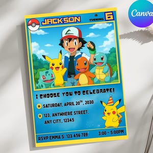 Pokémon Birthday Card, Red Yellow Cartoon Style, Editable Canva Invitation For Kids Party, Pikachu Theme, Instant Digital Download
