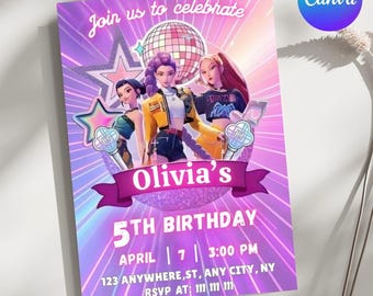 Kpop Demon Hunters Birthday Invitation, Anime Theme party, K-pop Invites, Huntrix Invite Editable Instant Digital Download