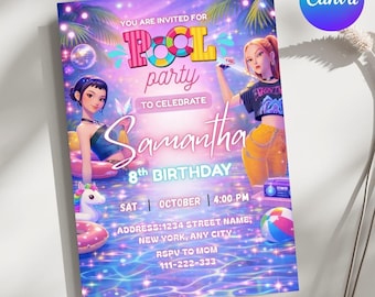 May include: A vibrant pool party invitation with a purple and blue background. The invitation features cartoon illustrations of girls, pool floats, and a beach ball. Text includes "Pool Party" and "Samantha's 8th Birthday".