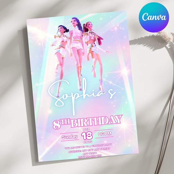 Kpop Demon Hunters Birthday Invitation, Editable Canva Template, Huntrix Invite, K-pop Invites, Anime Theme, Instant Digital Download