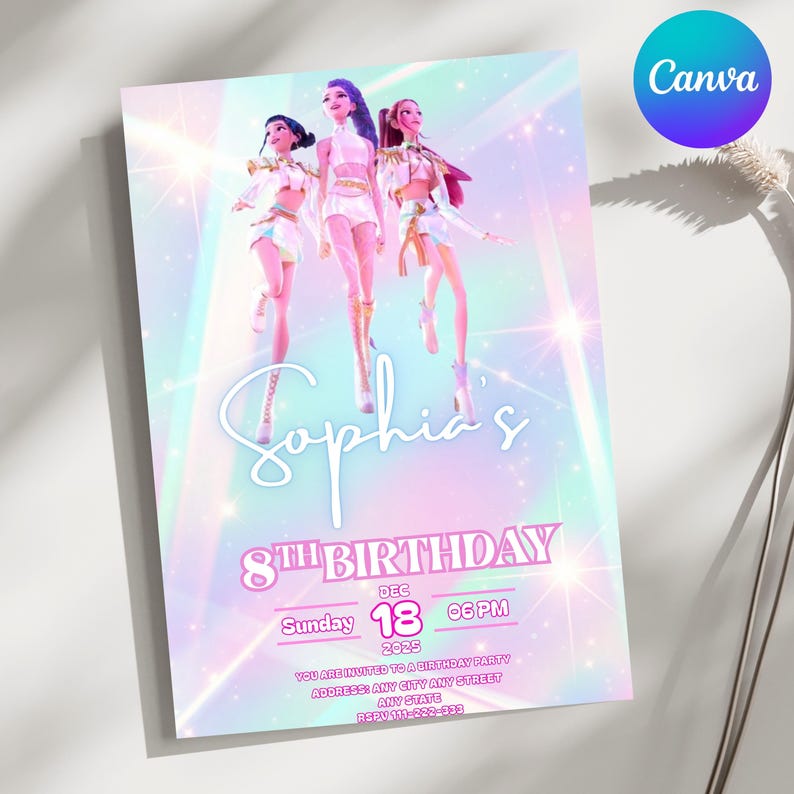 May include: A birthday party invitation with a pastel background and three animated figures. The invitation reads "Sophia's 8th Birthday" with the date, time, and RSVP information. The Canva logo is in the upper right corner.