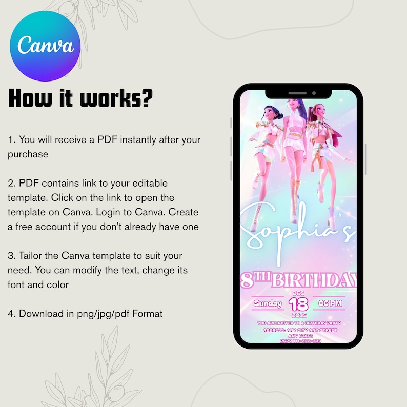 May include: A digital invitation template on a smartphone screen, featuring a birthday party theme. The design includes the name "Sophia's" in script, with details for the 8th birthday celebration. Instructions for use are also displayed.