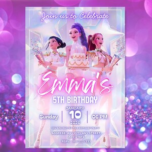 May include: A digitally illustrated birthday party invitation with three animated figures holding confetti and a cake. The invitation reads "Join us to Celebrate" and "Emma's 5th Birthday" with the date, time, and RSVP information.