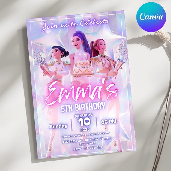 Kpop Demon Hunters Birthday Invitation Girl – Editable Canva Template – Demon Hunters Theme – Printable Party Invite – Digital Download