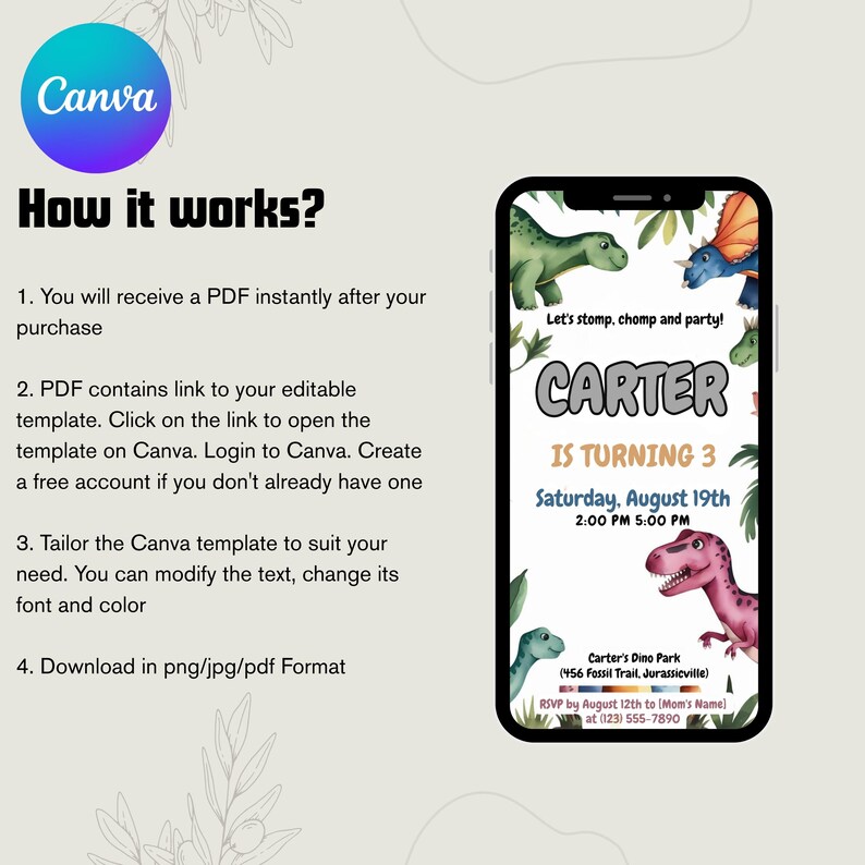 Editable Dinosaur Birthday Party Invitation – Rex Birthday Invite, Dino ...