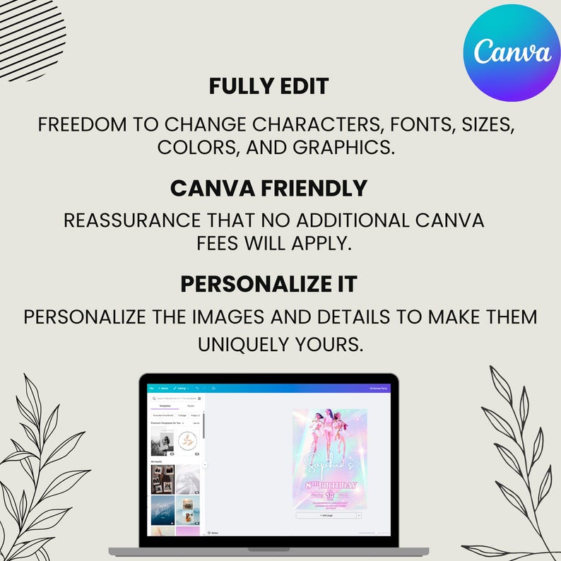 May include: A laptop displays a Canva design with the text "FULLY EDIT" and "CANVA FRIENDLY." The design allows for changes to characters, fonts, sizes, colors, and graphics. The Canva logo is in the upper right corner. The design is customizable.