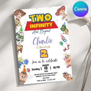 May include: A birthday party invitation featuring characters from a popular animated movie. The invitation reads "Two Infinity and Beyond!" and includes the name "Charlie" and the number "2". The date and time of the party are also included.
