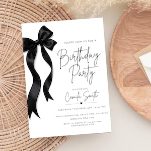 Black Bow Birthday Invitation | Black & White Party Invite | Canva Editable Template | Birthday party Invite | Digital Download
