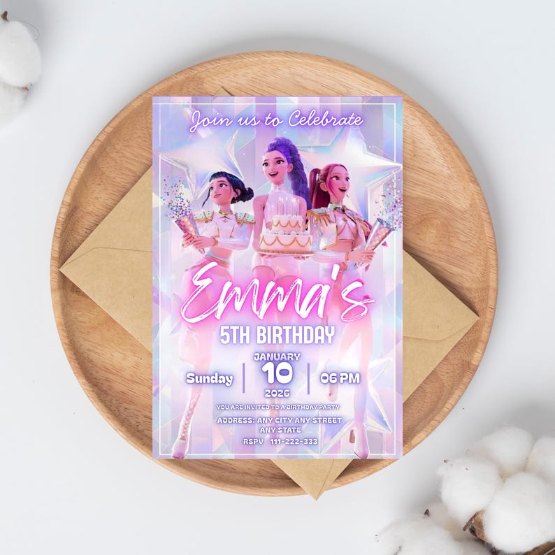May include: A birthday party invitation featuring three animated figures holding confetti and a cake. The invitation reads "Join us to Celebrate" and "Emma's 5th Birthday" with the date, time, and RSVP information. The invitation is on a wooden plate.
