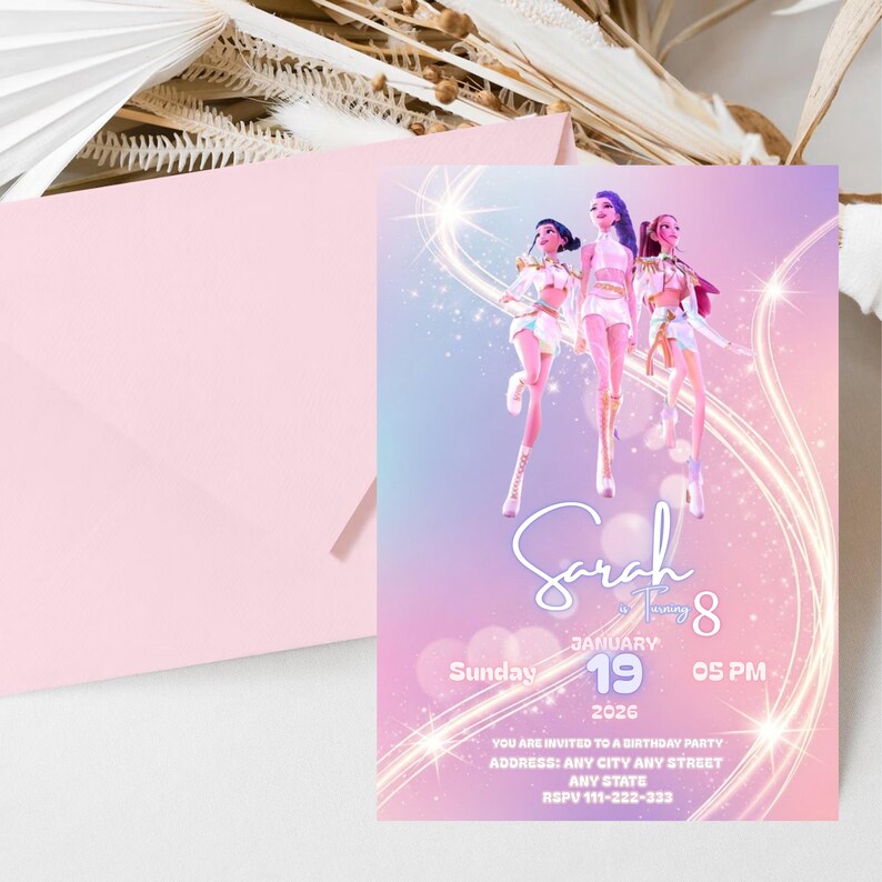KPOP Demon Hunters födelsedagsinbjudan, redigerbar K-Pop Anime födelsedagsinbjudan för barn, utskrivbart festkort, anpassningsbar Huntrix Evite bild 4