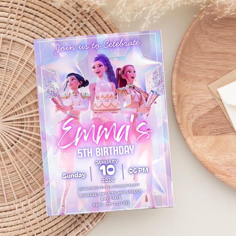 May include: A birthday party invitation with a holographic design. The invitation features three animated figures holding confetti and a cake. The text reads "Emma's 5th Birthday" with the date and time. The invitation is on a white background.