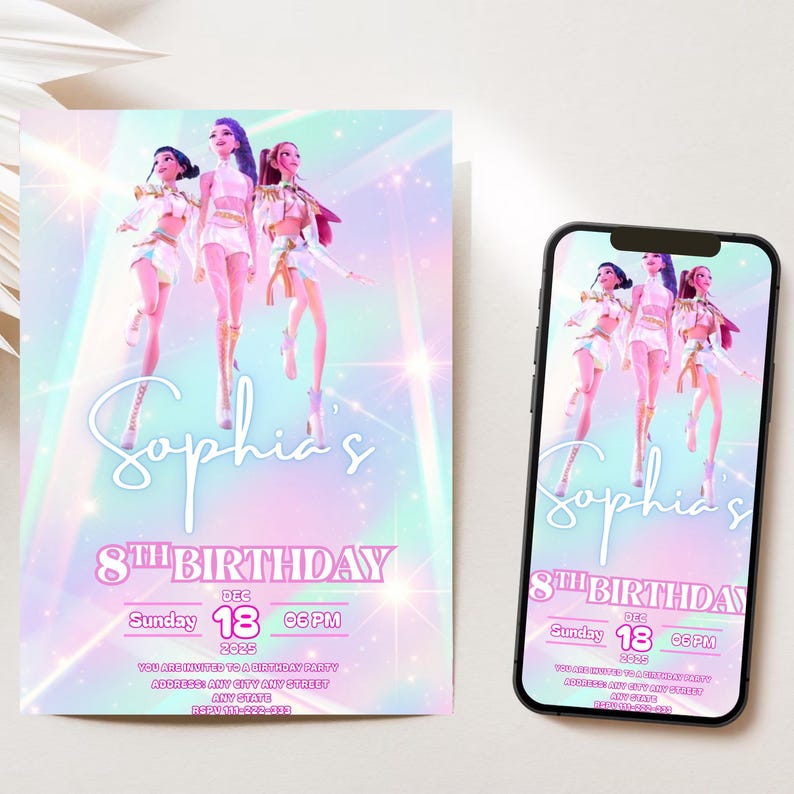 May include: A birthday party invitation and a smartphone displaying the same design. The invitation and phone screen feature a holographic background with illustrations of three figures. The text reads "Sophia's 8th Birthday" with date and time details.
