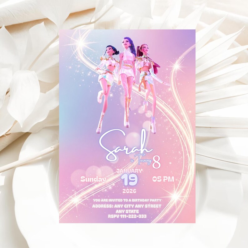 KPOP Demon Hunters födelsedagsinbjudan, redigerbar K-Pop Anime födelsedagsinbjudan för barn, utskrivbart festkort, anpassningsbar Huntrix Evite bild 5
