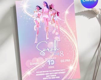 May include: A birthday party invitation with a pink and purple gradient background. The invitation features three stylized figures and the name "Sarah" in cursive. Details include the date, time, and RSVP information.