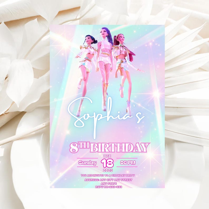 May include: A birthday party invitation with three animated figures in white outfits. The invitation has the text "Sophia's 8th Birthday" with the date, time, and RSVP information. The background is a gradient of pink, blue, and green.